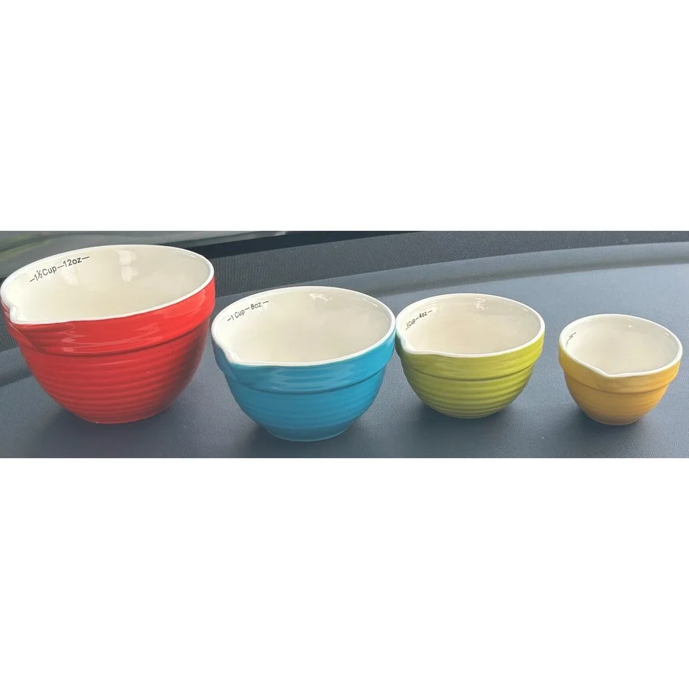 Creative Co-Op Stoneware Nesting Measuring Cup Set 4 Piece Multicolor Ribbed